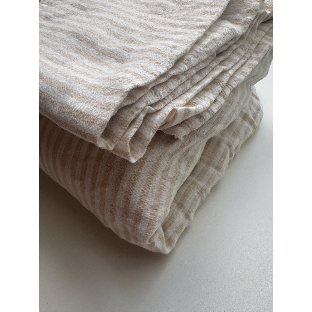 Quince European Linen Fitted Stripe Sheet Set Natural/White Stripe King 3PCS Set - Picture 3 of 3